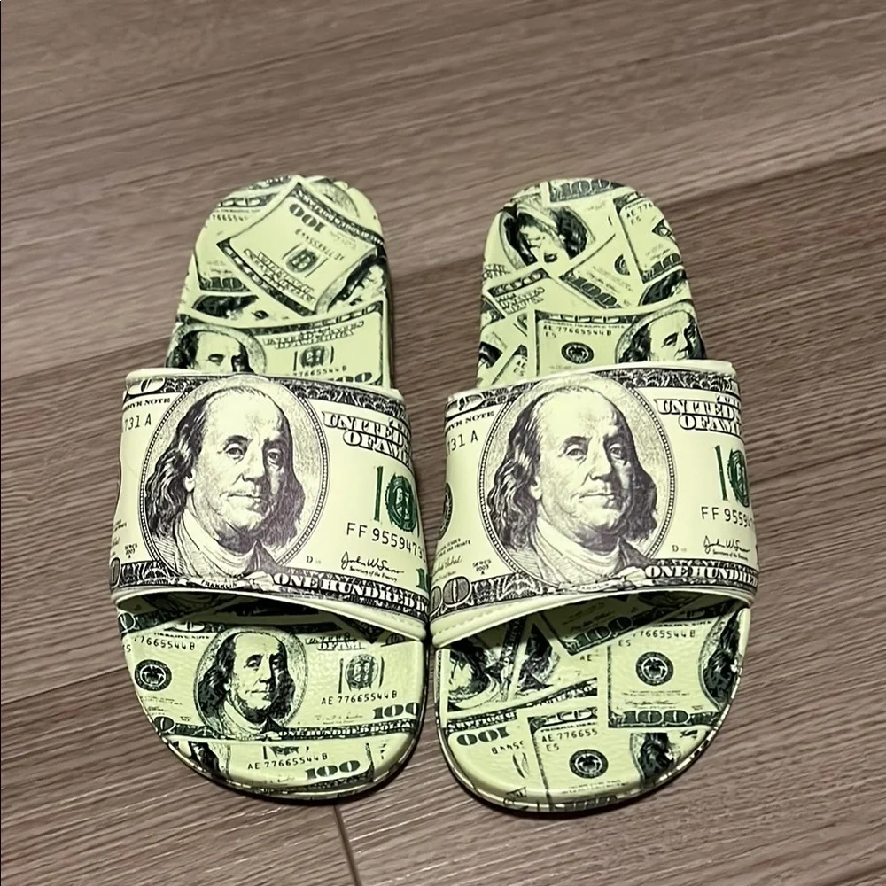 Money Print Slide Sandals